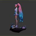 Futuristic Speaker Platform With Pink Haired Character Blue Outfit Wings And Microphone