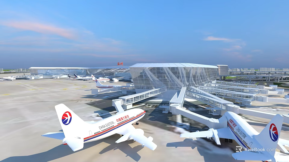Aerial View Planning of Modern Airport With Terminal Building And Airplanes On Tarmac 3d model 