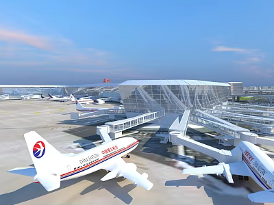 Aerial View Planning of Modern Airport With Terminal Building And Airplanes On Tarmac 3d model
