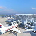 Aerial View Planning of Modern Airport With Terminal Building And Airplanes On Tarmac