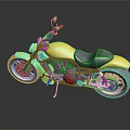 Yellow Motorcycle With Black Seat And Silver Wheels On Reflective Dark Surface