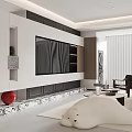 Modern Living Room Interior With TV Wall Wooden Shelves And Coffee Tables