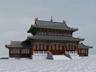 Traditional Ancient Chinese Building With Curved Roof Eaves Stone Steps And Railings 3d model