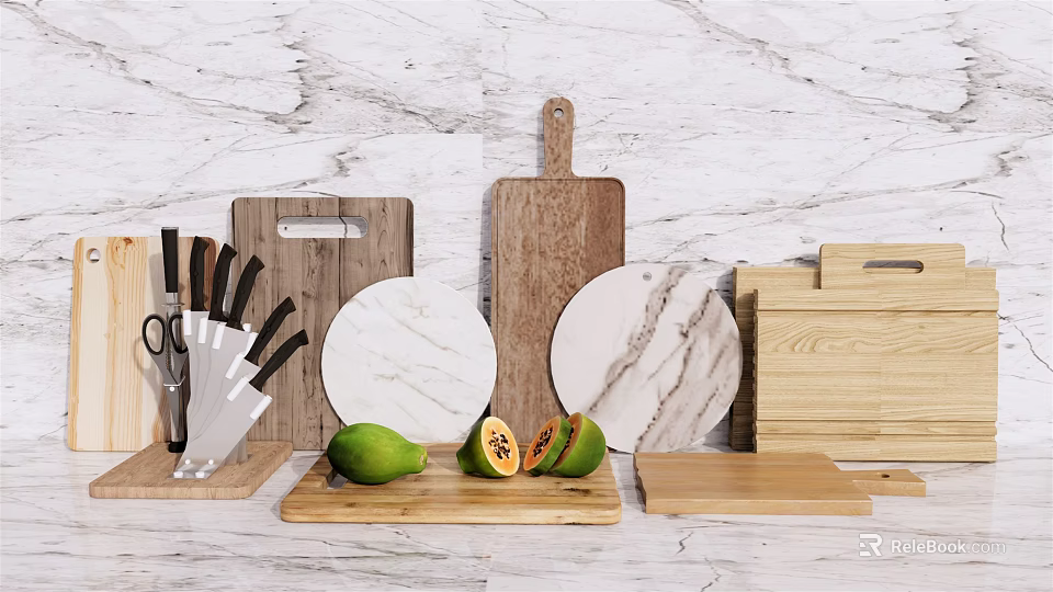 Essential Kitchenware With Wooden Marble Cutting Boards Knives And Fresh Fruits 3d model 
