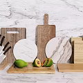Essential Kitchenware With Wooden Marble Cutting Boards Knives And Fresh Fruits