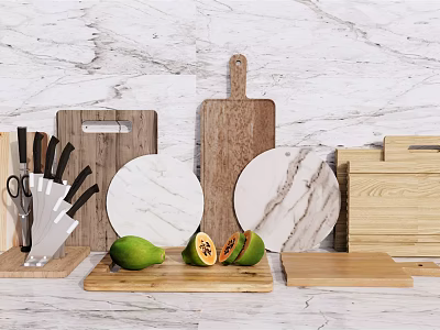 Essential Kitchenware With Wooden Marble Cutting Boards Knives And Fresh Fruits 3d model