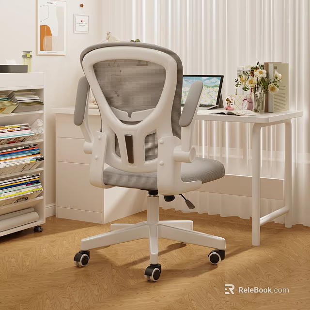 Comfortable White Gray Mesh Back Leisure Chair with Armrests and Wheels in Home Office 3d model 