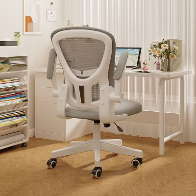 Comfortable White Gray Mesh Back Leisure Chair with Armrests and Wheels in Home Office 3d model