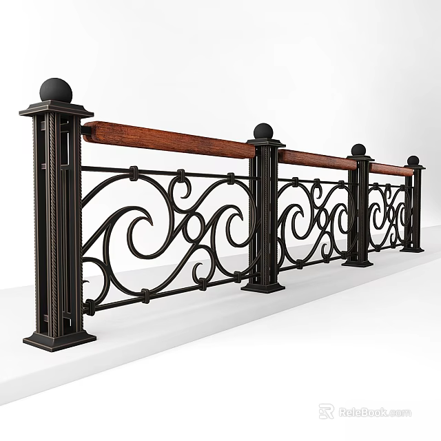 Ornate Black Metal Railing Components With Wooden Handrail And Spherical Finials 3d model 