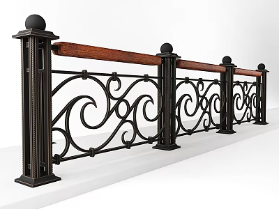 Ornate Black Metal Railing Components With Wooden Handrail And Spherical Finials 3d model