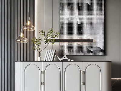 Modern Console Cabinet Sideboard With White Doors Green Plant And Hanging Lamp 3d model