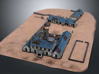 Dilapidated Abandoned Building Complex With Blue Damaged Roofs And Tower On Sandy Ground 3d model