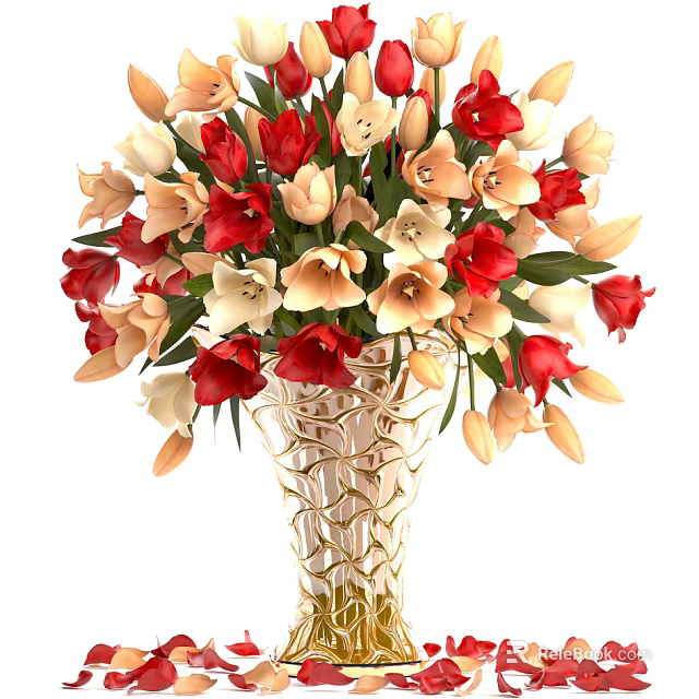 Woven Textured Vase with Red Beige Pink Tulips and Flowers Arrangement 3d model 
