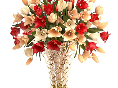 Woven Textured Vase with Red Beige Pink Tulips and Flowers Arrangement 3d model