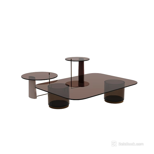 Modern Coffee Table with Rectangular and Round Glass Tops and Dark Metal Supports 3d model