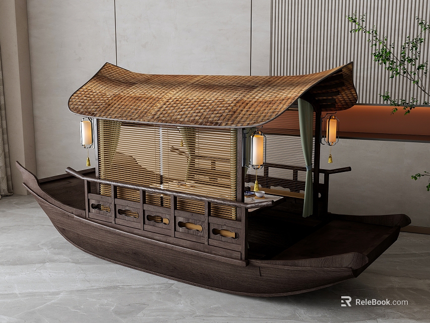 Wooden Boat With Bamboo Roof Railings And Hanging Lanterns Indoor Decor 3d model 