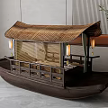 Wooden Boat With Bamboo Roof Railings And Hanging Lanterns Indoor Decor
