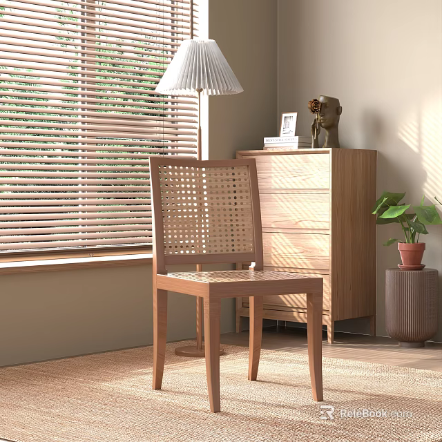 Natural Wooden Leisure Chair With Rattan Backrest Near Window Blinds And Wooden Dresser 3d model 