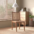Natural Wooden Leisure Chair With Rattan Backrest Near Window Blinds And Wooden Dresser