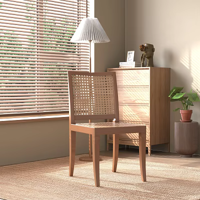 Natural Wooden Leisure Chair With Rattan Backrest Near Window Blinds And Wooden Dresser 3d model