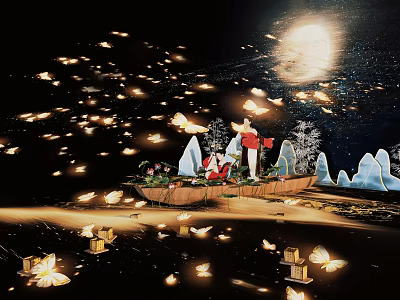 Night Commercial Landscape Featuring Full Moon Glowing Butterflies Stage Figure In Red And Iceberg Decorations 3d model