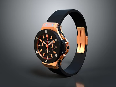 Luxury Modern Watch With Black Rubber Strap Rose Gold Case And Diamond Accents 3d model
