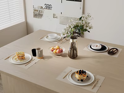 Elegant Tableware Set on Light Wooden Table with Plates Mugs Pancakes Fresh Fruits and Flowers 3d model