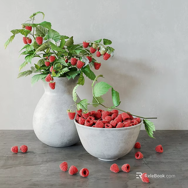 Gray Concrete Decorative Ornament Set With Raspberries Leaves Vase And Bowl 3d model 