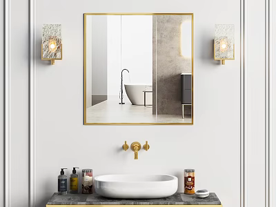 Bathroom Sink with Gold Framed Mirror Brass Faucet and Wall Sconces on White Wall 3d model