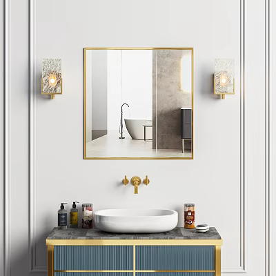Bathroom Sink with Gold Framed Mirror Brass Faucet and Wall Sconces on White Wall 3d model