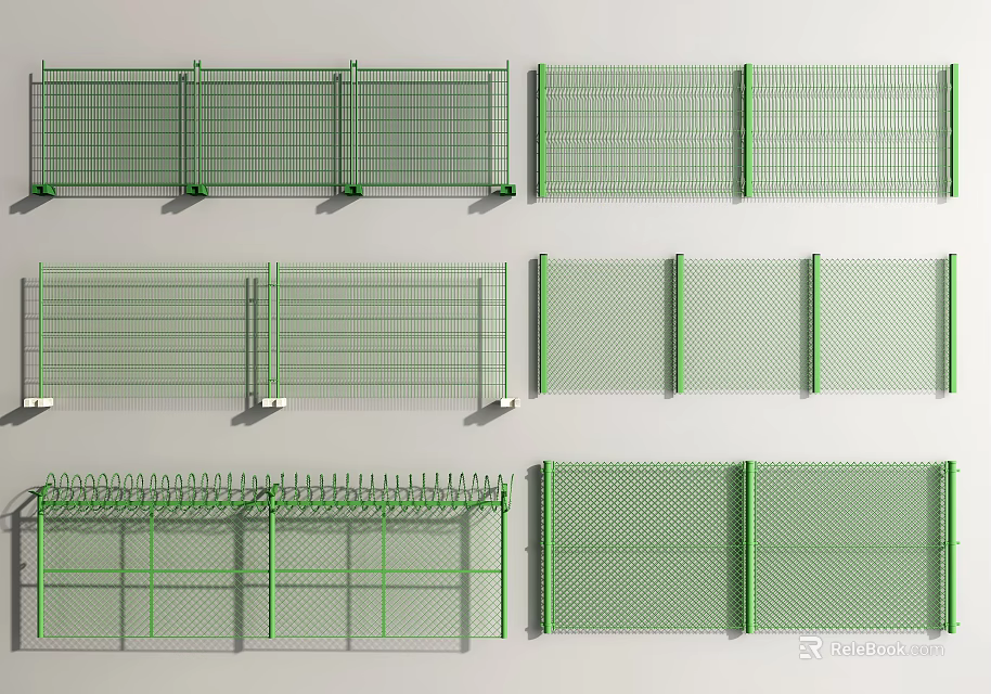 Green Metal Fence With Various Mesh Designs And Spiked Top Styles 3d model 