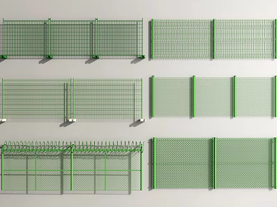 Green Metal Fence With Various Mesh Designs And Spiked Top Styles 3d model
