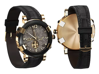 Luxury Watch With Black Leather Strap Gold Case And Black Dial Design 3d model