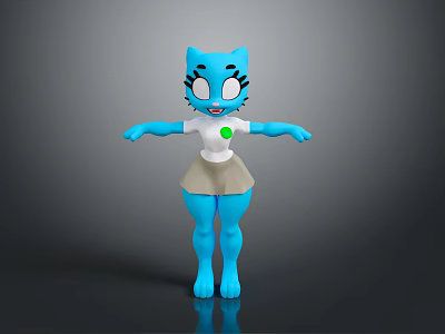 Blue Cartoon Cat Character With Big Eyes White Shirt Green Button And Beige Skirt 3d model