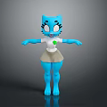 Blue Cartoon Cat Character With Big Eyes White Shirt Green Button And Beige Skirt