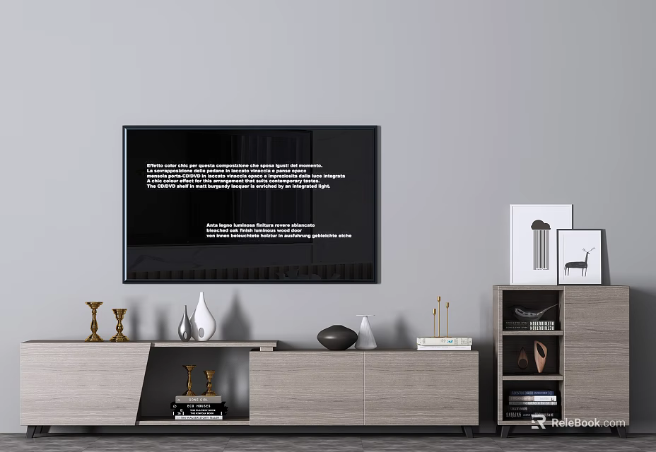 Modern TV Stand With Wall Mounted TV Decorative Vases Gold Candle Holders And Books 3d model 