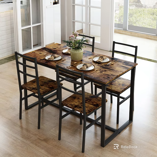Rustic Wooden Dining Table Set With Four Chairs And Flower Vase 3d model