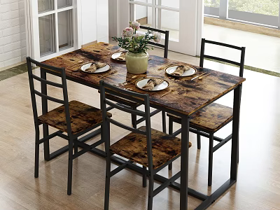 Rustic Wooden Dining Table Set With Four Chairs And Flower Vase 3d model
