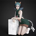Woman With Cat Ears And Headphones Kneeling By White Cube In Green Dress