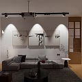 Modern Minimalist Living Room With Track Lighting Decorative Artworks And Warm Cozy Home Furnishings