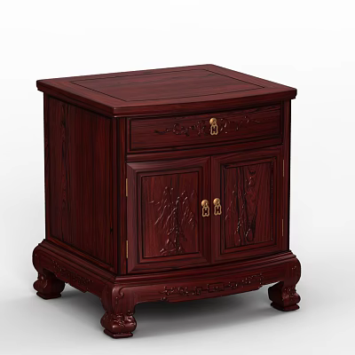 Traditional Dark Red Solid Wood Bedside Cabinet With Carved Design Drawer And Double Doors 3d model