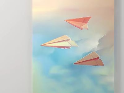 Colorful Paper Planes Flying In Soft Gradient Sky With Clouds 3d model