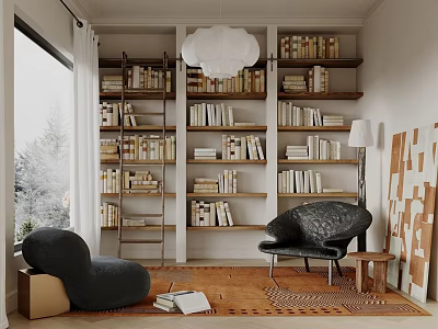 Cozy Modern Study Room Interior With Wall Bookshelves Books Armchairs Pendant Light And Area Rug 3d model