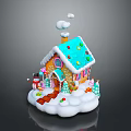 Festive Gingerbread House Featuring Blue Roof Colorful Candy Decorations White Snow And Small Christmas Trees