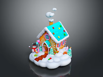 Festive Gingerbread House Featuring Blue Roof Colorful Candy Decorations White Snow And Small Christmas Trees 3d model