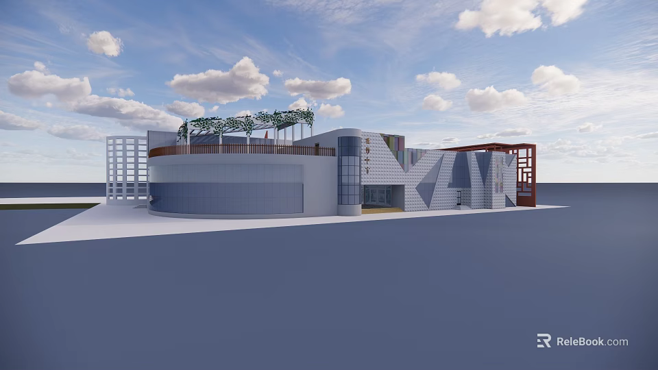 Modern Contemporary Building With Curved Structure Roof Greenery And Geometric Wall Design 3d model 