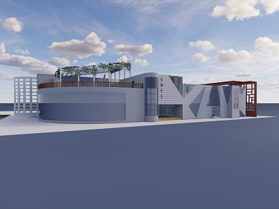 Modern Contemporary Building With Curved Structure Roof Greenery And Geometric Wall Design 3d model