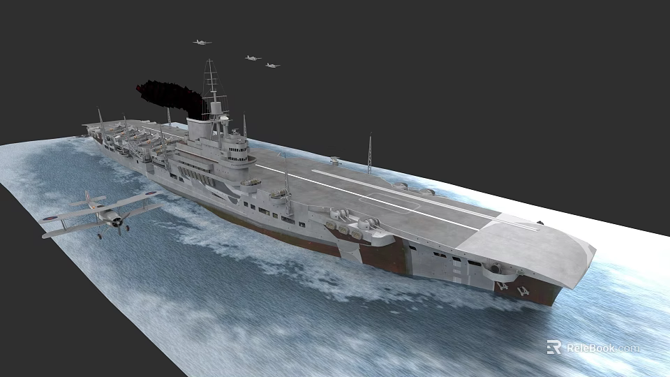 Aircraft Carrier Sailing on Sea with Flight Deck Flying Airplanes and Black Smoke 3d model 