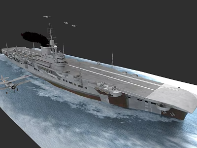 Aircraft Carrier Sailing on Sea with Flight Deck Flying Airplanes and Black Smoke 3d model