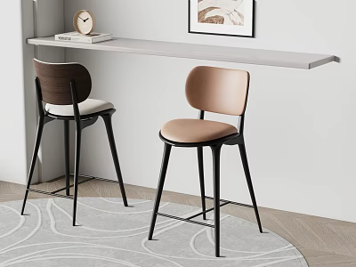Modern Bar Stools with Brown and Beige Upholstered Seats Black Metal Legs and Wall Shelf 3d model